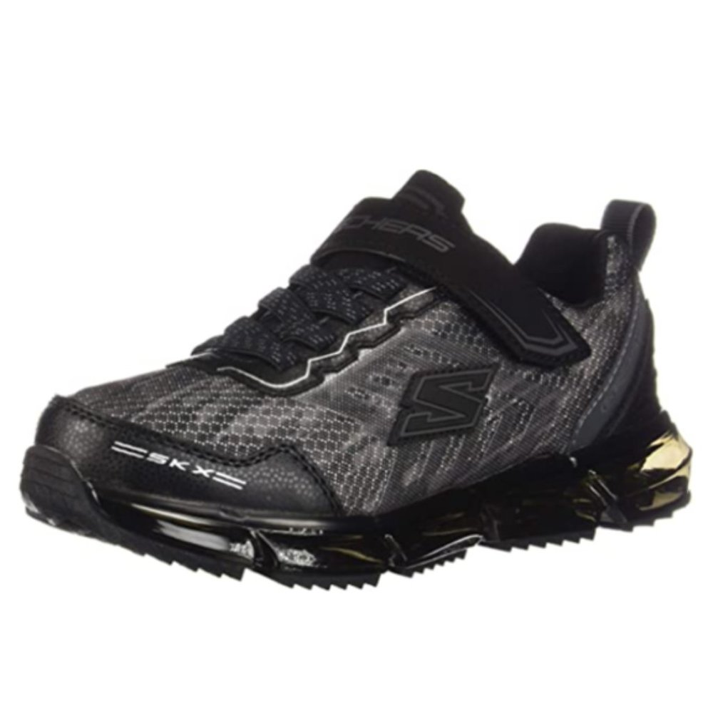 NEW Skechers Kid Skech-Air Azide Black Silver Memory Foam Strap Metallic Active
